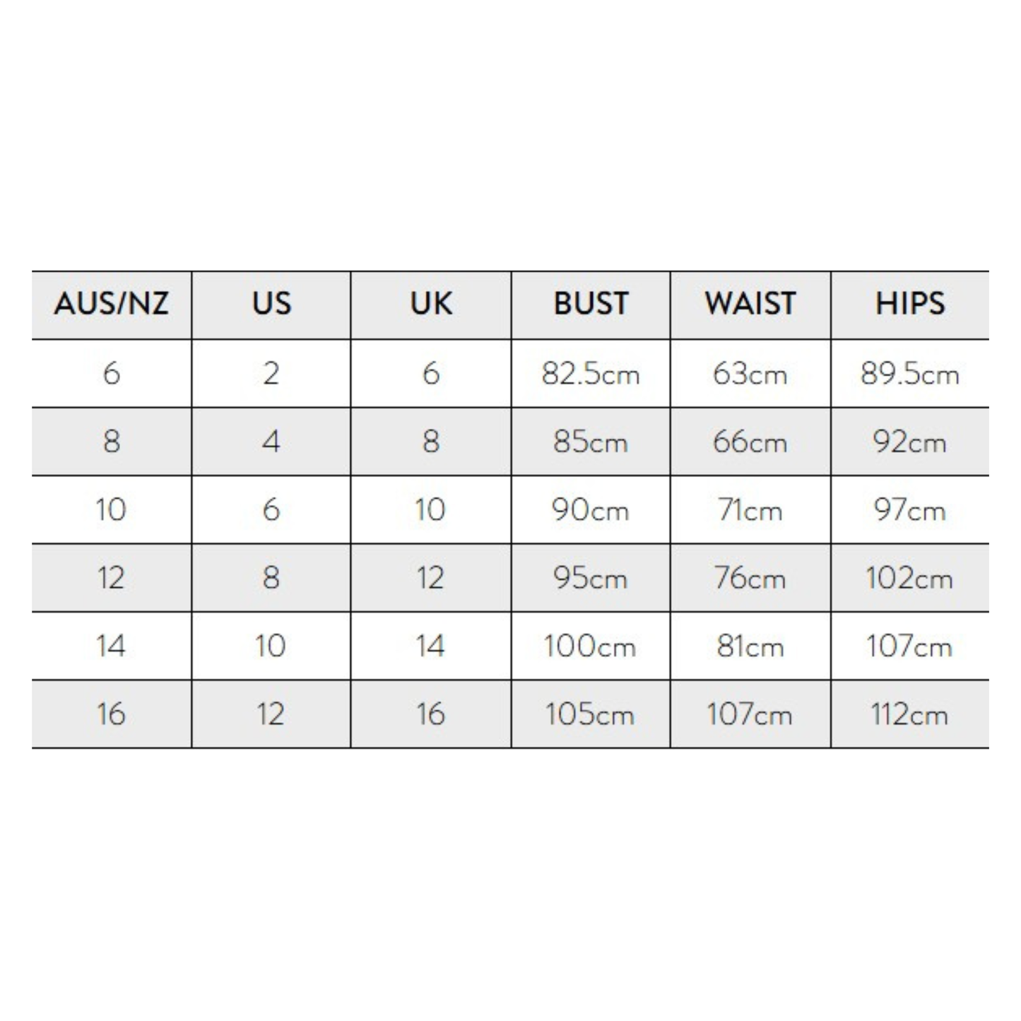 Size chart for clothing measurements in AUS/NZ, US, and UK with bust, waist, and hips dimensions.