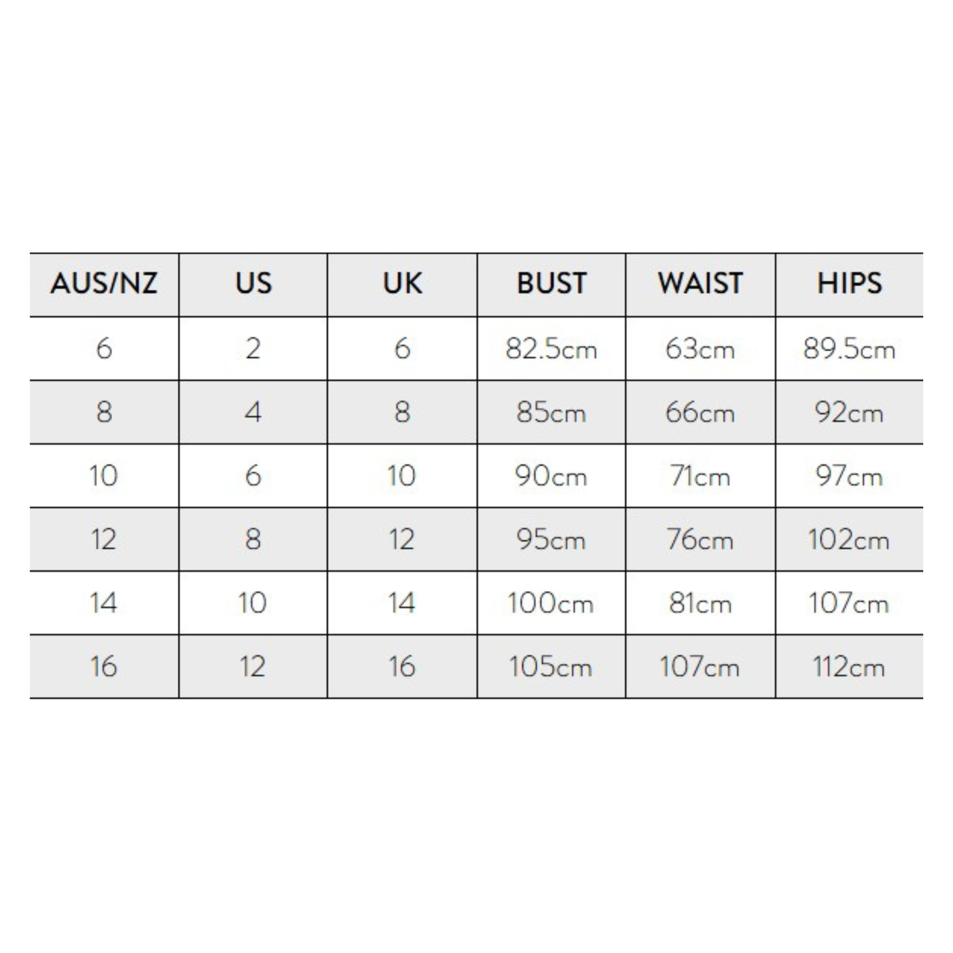 Size chart for clothing measurements in AUS/NZ, US, and UK with bust, waist, and hips dimensions.